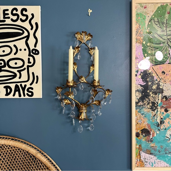 French Empire Style Gilt Metal 2 Candle Wall Sconce with Crystal Teardrops - Picture 1 of 11